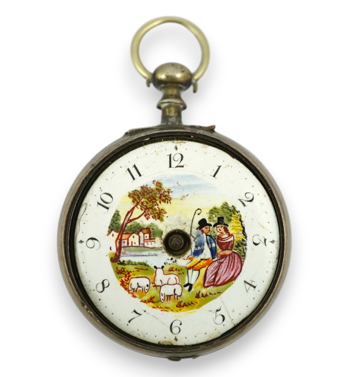 A George III silver verge key wind pocket watch, by Smith of Dublin, with painted dial, case diameter 41mm, lacking hands and glass. Condition - poor.